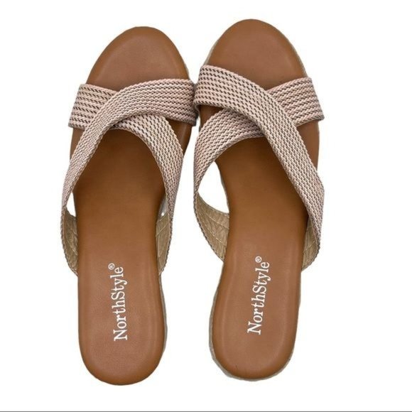 NorthStyle Espadrille Sandals Slip-on Block Heel Criss-Cross Pink Gold Size 37 - Picture 5 of 12